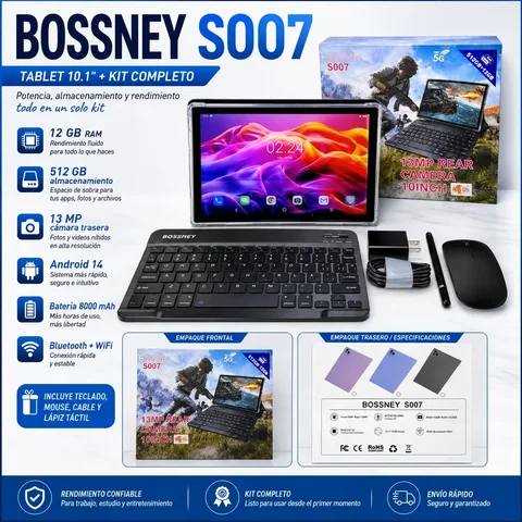 Tablet Bossney S007 10.1 pulgadas morada, con teclado, mouse, lápiz táctil y cargador